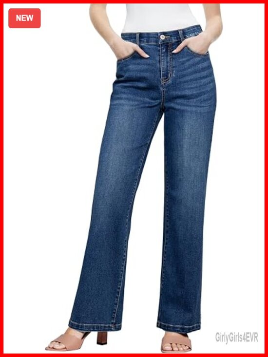 Denim - Wide Leg Jeans High Waisted Tummy Control Stretchy Straight Leg Elastic Waist